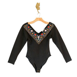 VTG 80s Instant Action Bejeweled Beaded Bodysuit S Western Glam Rock Fringe Top